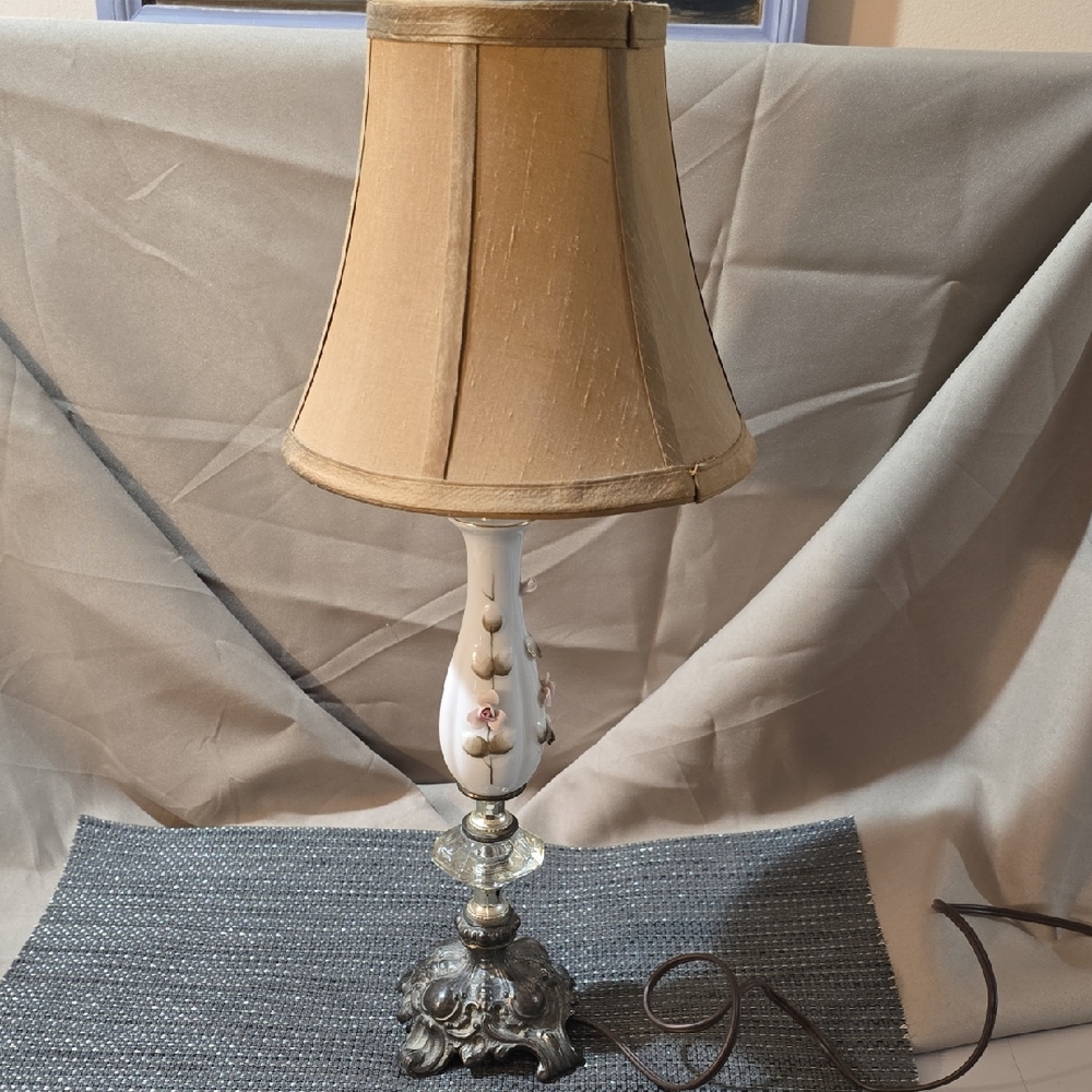 Vintage 1950's Table Lamp with Porcelain Floral Design, Crystal And Brass Base